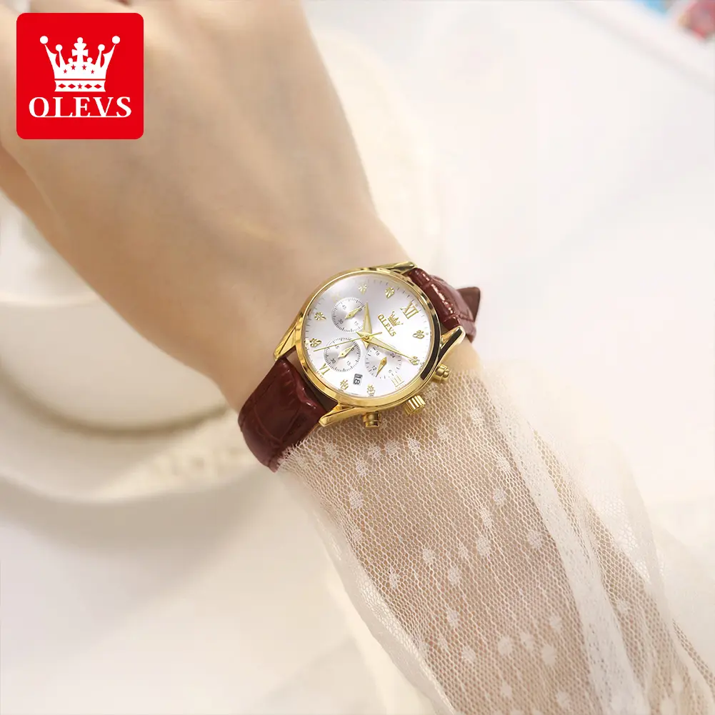 OLEVS 5523 Woman's Watch Chronograph Quartz Watch For Women Waterproof Luminous Diamond Calendar Ladies Leather Wristwatch