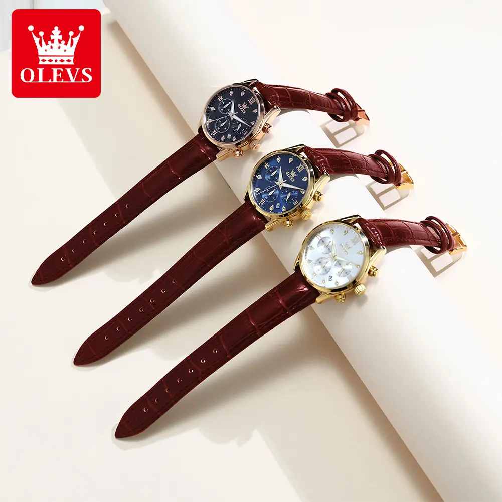 OLEVS 5523 Woman's Watch Chronograph Quartz Watch For Women Waterproof Luminous Diamond Calendar Ladies Leather Wristwatch