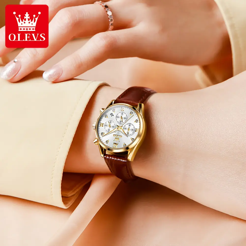 OLEVS 5523 Woman's Watch Chronograph Quartz Watch For Women Waterproof Luminous Diamond Calendar Ladies Leather Wristwatch