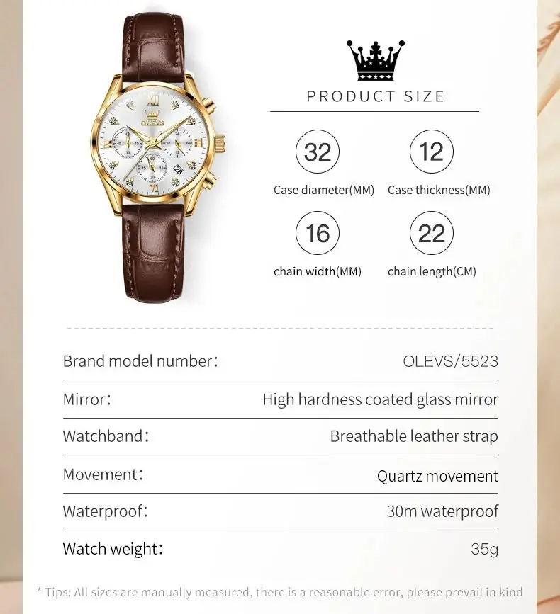 OLEVS 5523 Woman's Watch Chronograph Quartz Watch For Women Waterproof Luminous Diamond Calendar Ladies Leather Wristwatch
