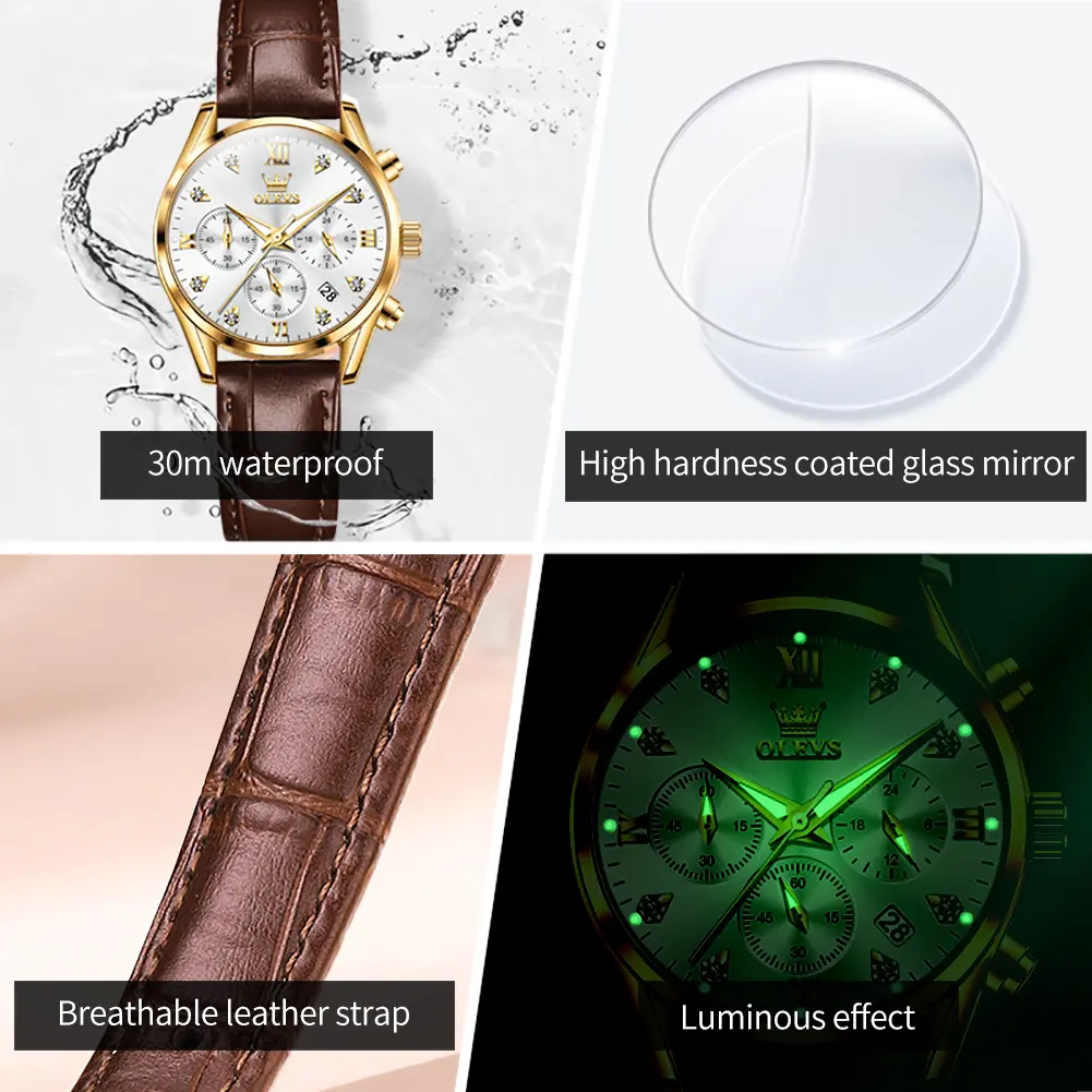 OLEVS 5523 Woman's Watch Chronograph Quartz Watch For Women Waterproof Luminous Diamond Calendar Ladies Leather Wristwatch