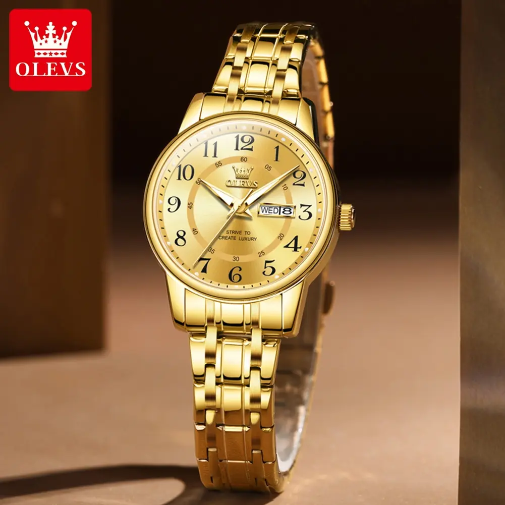 OLEVS 2891 Woman Watch Number Scale Classic Quartz Watch For Women Waterproof Week Calendar Stainless Steel Ladies Wristwatch
