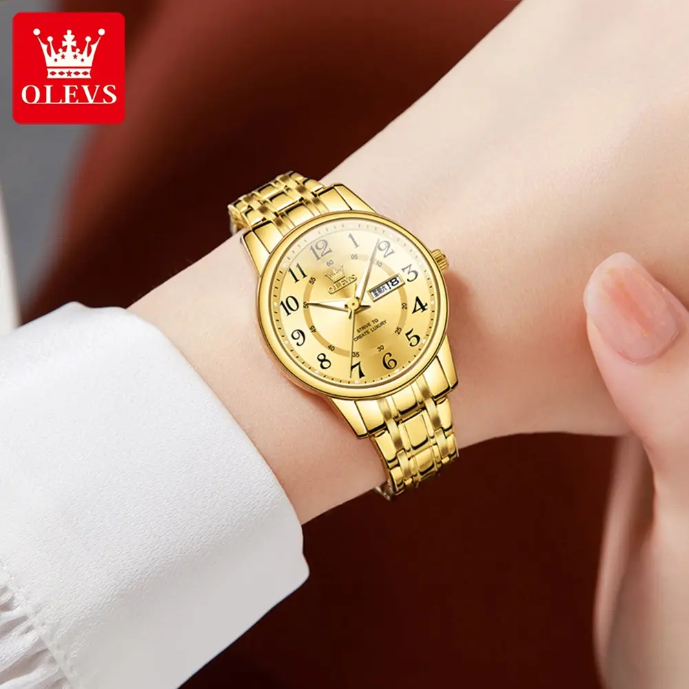OLEVS 2891 Woman Watch Number Scale Classic Quartz Watch For Women Waterproof Week Calendar Stainless Steel Ladies Wristwatch