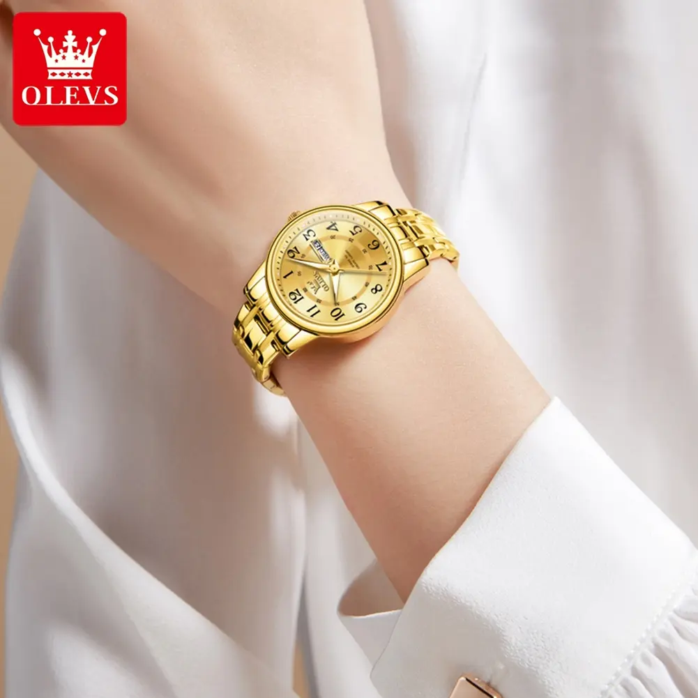 OLEVS 2891 Woman Watch Number Scale Classic Quartz Watch For Women Waterproof Week Calendar Stainless Steel Ladies Wristwatch