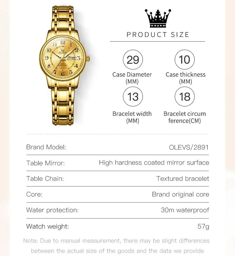 OLEVS 2891 Woman Watch Number Scale Classic Quartz Watch For Women Waterproof Week Calendar Stainless Steel Ladies Wristwatch