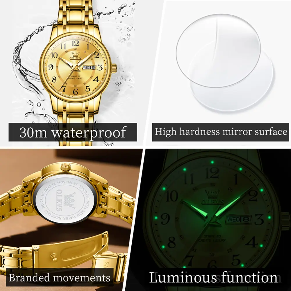 OLEVS 2891 Woman Watch Number Scale Classic Quartz Watch For Women Waterproof Week Calendar Stainless Steel Ladies Wristwatch