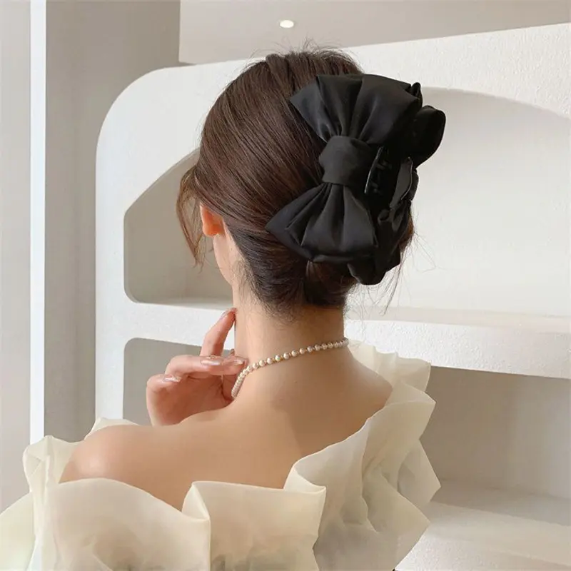 French Bow Hair Claw for Women Elegant Double Large Satin Hairclip Crab Clip Bowknot Hairpins Barrettes Hair Accessories