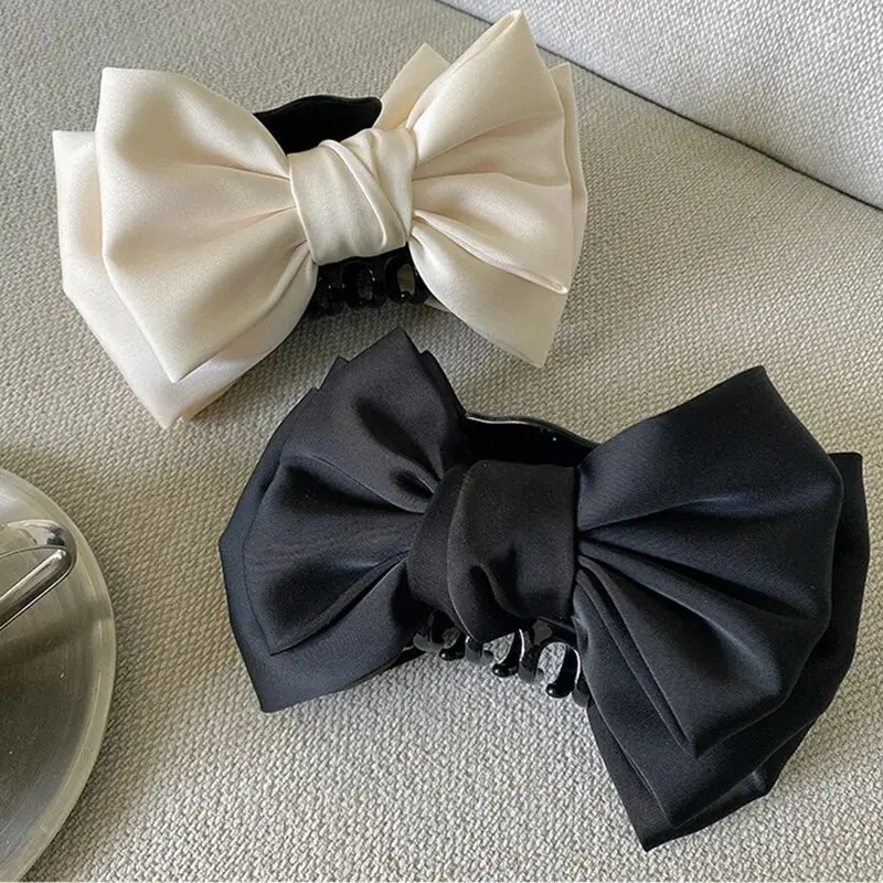French Bow Hair Claw for Women Elegant Double Large Satin Hairclip Crab Clip Bowknot Hairpins Barrettes Hair Accessories