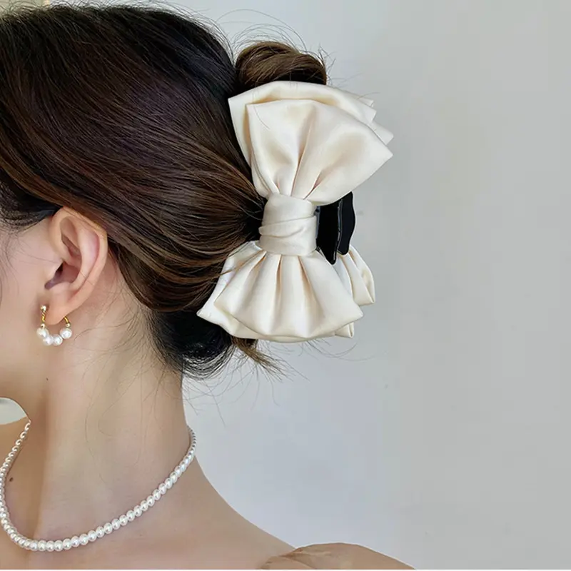 French Bow Hair Claw for Women Elegant Double Large Satin Hairclip Crab Clip Bowknot Hairpins Barrettes Hair Accessories