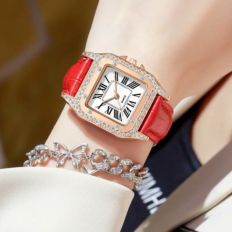 5PCS/Set Women's Watch Fashion Roma Heart Dial Leather Band Quartz Watches Leaf Bracelets Set(Without Box)