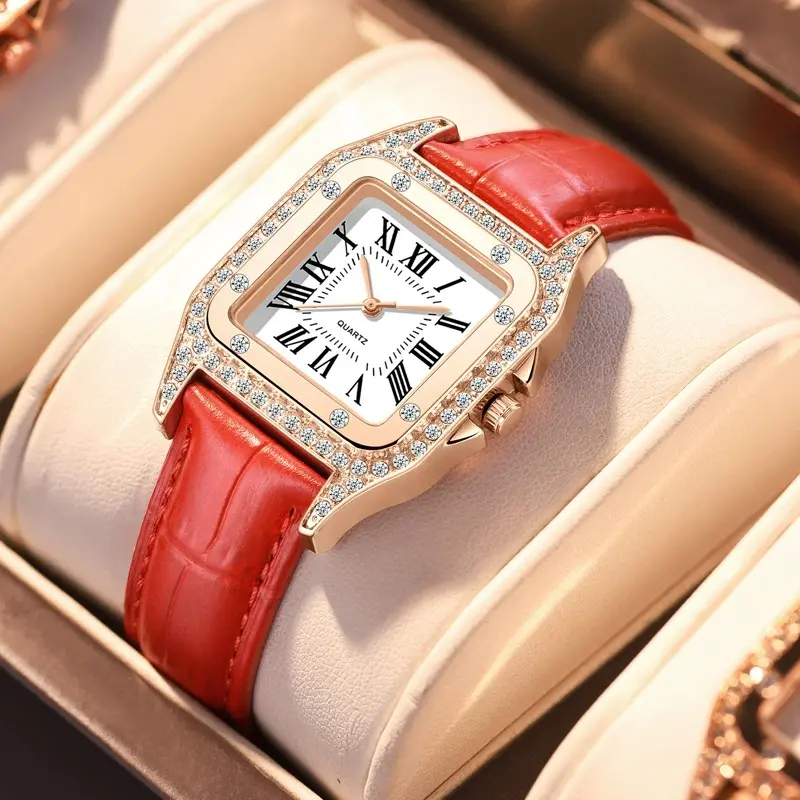 5PCS/Set Women's Watch Fashion Roma Heart Dial Leather Band Quartz Watches Leaf Bracelets Set(Without Box)