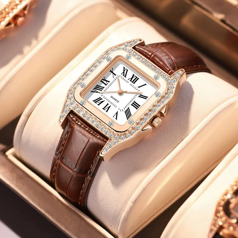 5PCS/Set Women's Watch Fashion Roma Heart Dial Leather Band Quartz Watches Leaf Bracelets Set(Without Box)