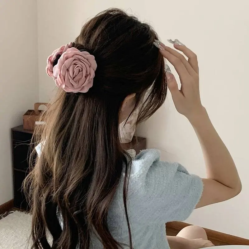 Korean Fabric Rose Flower Hair Claw Clip Women Girls Fashion Barrettes Plastic Hair Grab Clamp Headwear Hair Accessories