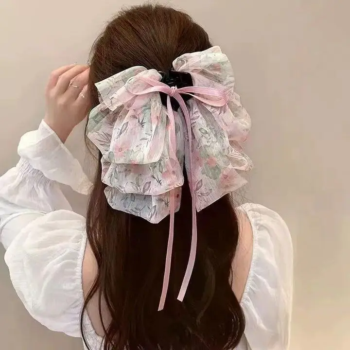 New Elegant Women Large Bow Hair Claw Chiffon Big Bowknot Stain Bow Barrettes Hairpin Women Color Ponytail Clip Hair Accessories