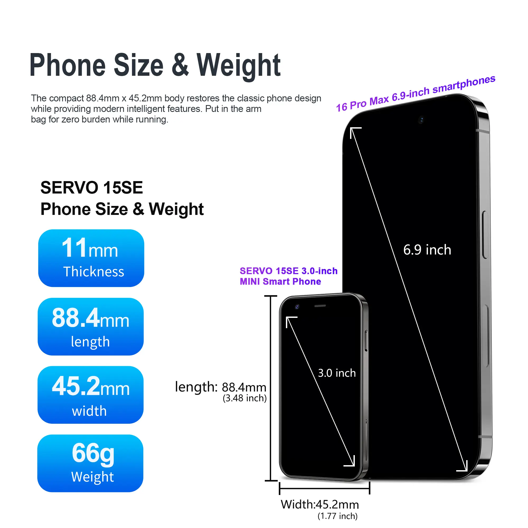 SERVO Mini Smartphone 3" HD Display Android System 2GB RAM 16GB ROM Play Store 3G WCDMA Cellular Super Small Cheap Mobile Phones