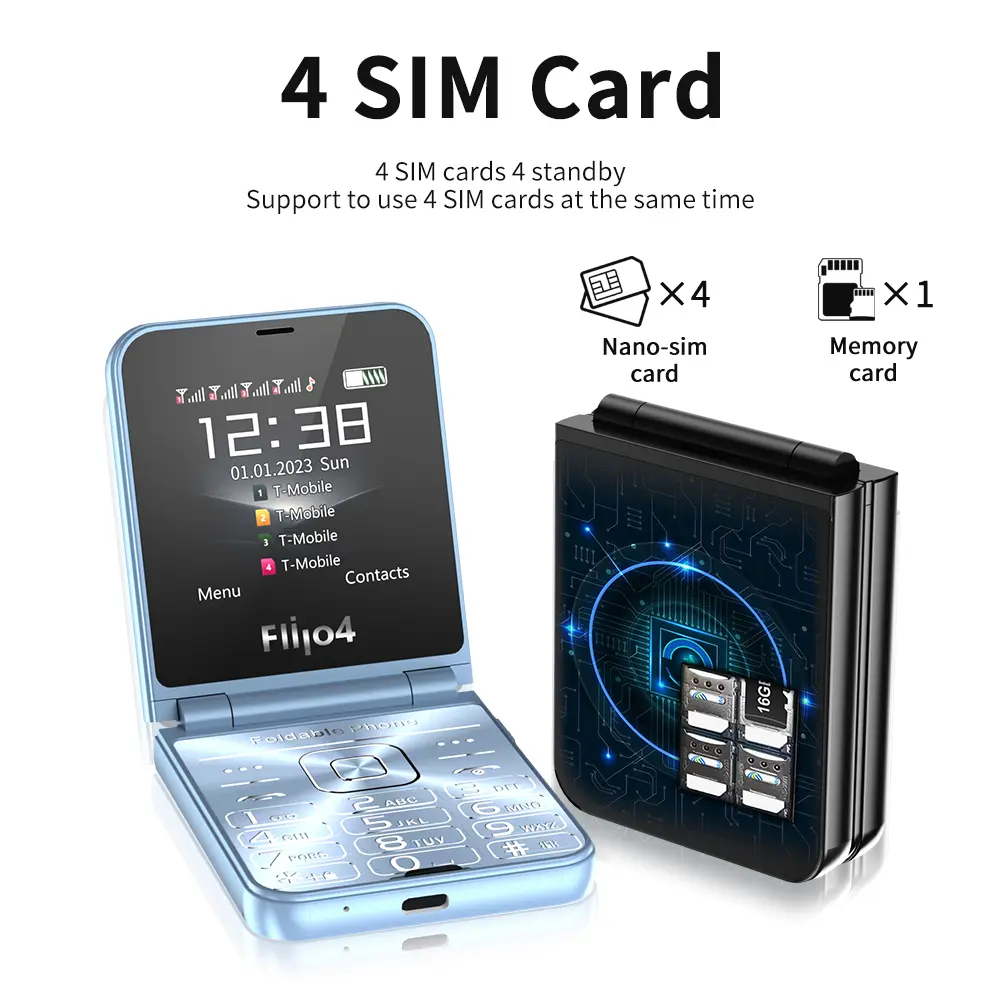SERVO Flilo4 Foldable Mobile Phone 4 SIM Standby Magic Voice Speed Dial Call Recording MP4 Player Flashlight 2G Flip Cellphones