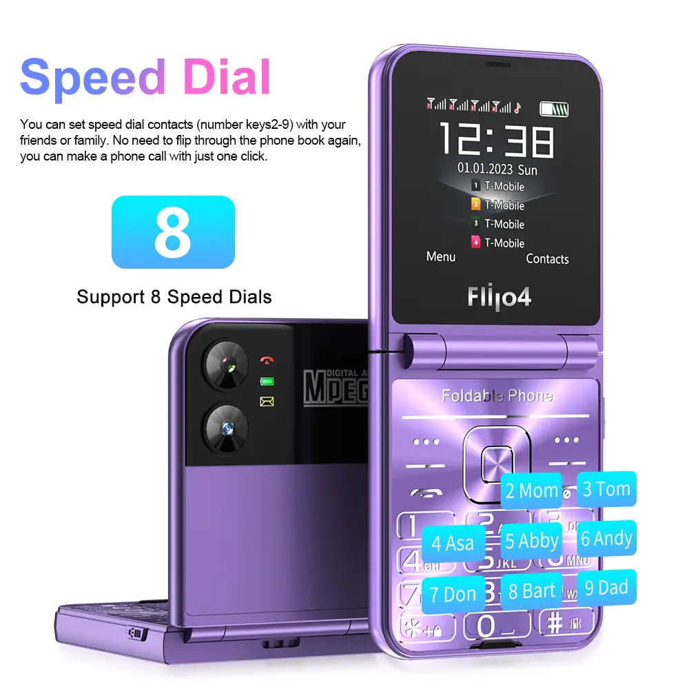 SERVO Flilo4 Foldable Mobile Phone 4 SIM Standby Magic Voice Speed Dial Call Recording MP4 Player Flashlight 2G Flip Cellphones