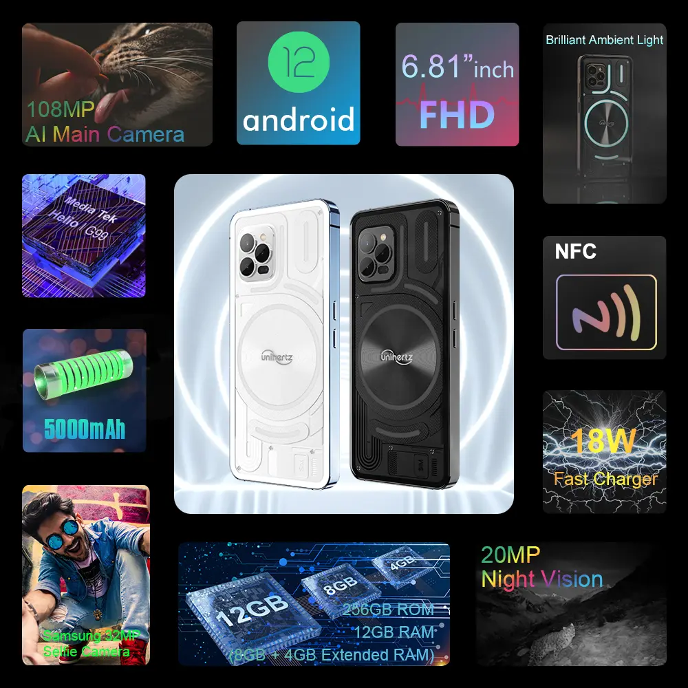 Unihertz Luna Smartphone Rhythm Ambient LED strip Music Phone 8GB RAM 256GB ROM 108MP G99 Mobile Phone Night Vision Cellphone