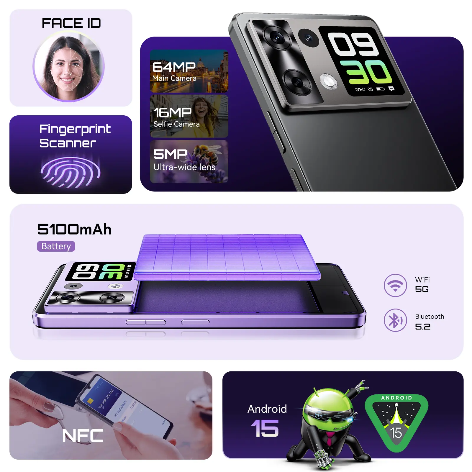 Smartphone Android 15 Cubot P90, 6.88-Inch 120Hz Screen, 24GB RAM+256GB ROM, G100 Octa-core, 2.2GHz, 64MP, 5100mAh,NFC, 4G Phone