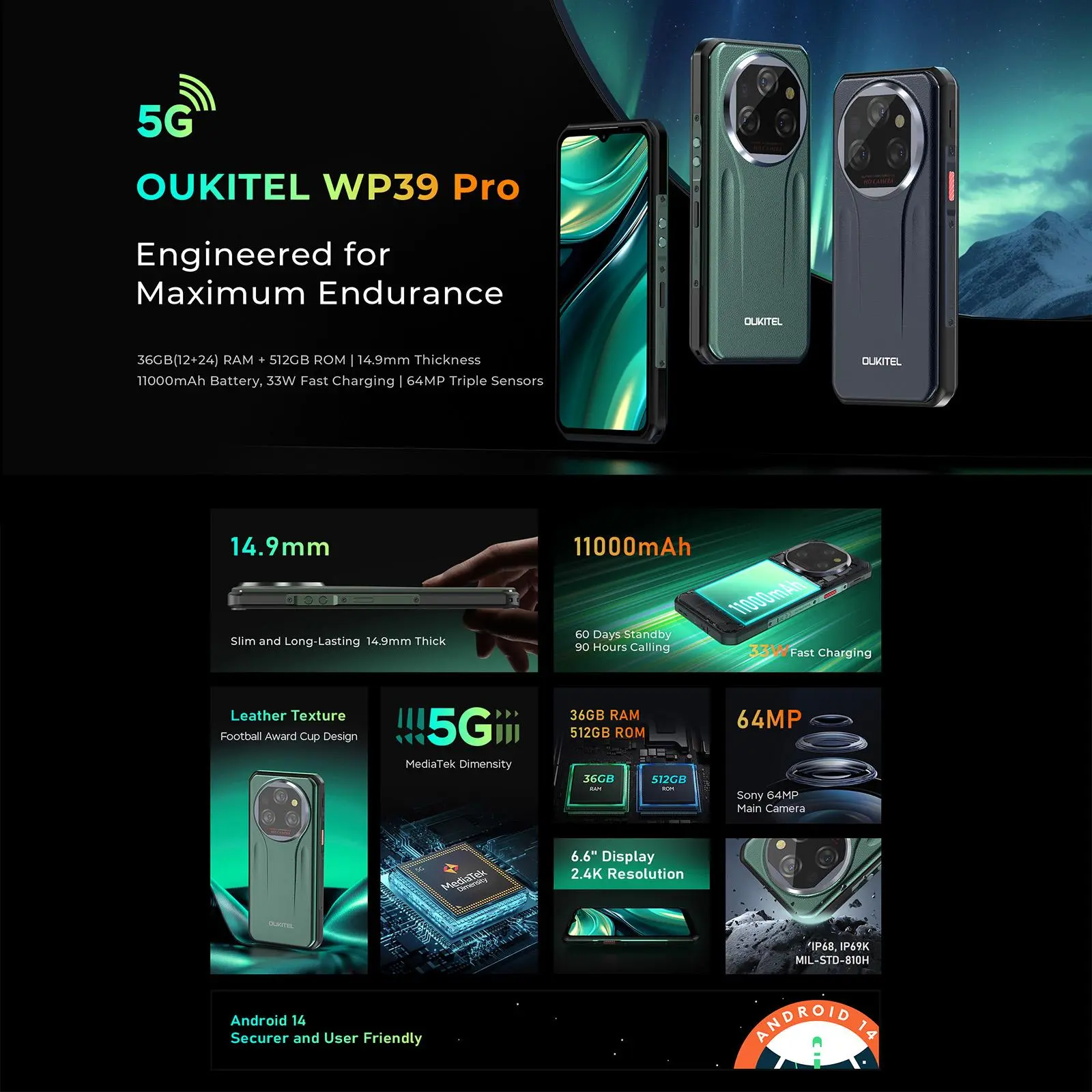 Oukitel WP39 Pro 5G Rugged Phone 12GB+512GB Night Vision 6.6 inch Android 14 Dimensity 6300 11000mAh NFC Smartphone