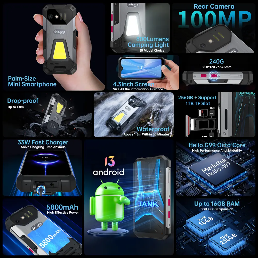 8849 Tank Mini& MARS Projector Rugged Smartphone 256GB 5800mAh100MP Camera Android Cellphone 4.3 inch Waterproof Mobile Phone