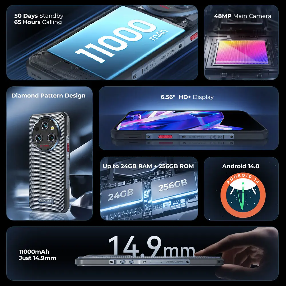 Oukitel WP35 S 4G Rugged Smartphone 6.56" 2.4K 11000 mAh 24(6+18)GB+256GB Mobile Phone Android 14 64 MP NFC oukitel Cell Phone