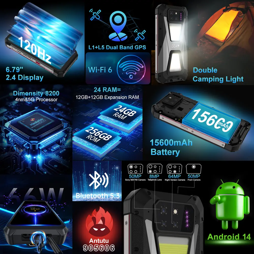 8849 SHARK, Rugged Smartphone 5G, 24GB RAM(12GB+12GB), 256GB ROM, 15600mAh, 120Hz Screen, NFC, WiFi 6,50MP Camera 66W Phone