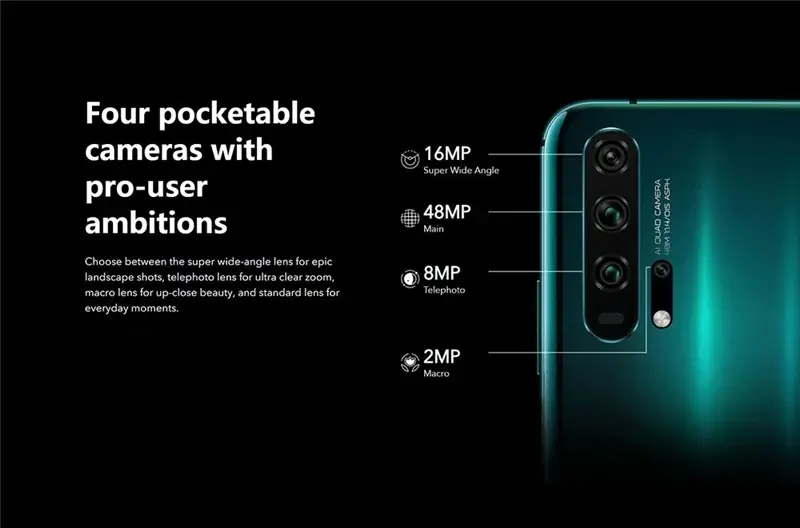 Honor 20 Pro Mobile Phone 6.26inch Kirin 980 Octa Core 8GB RAM 128/256GB ROM 48MP Rear Four Camera 32MP Front Camera Global Rom