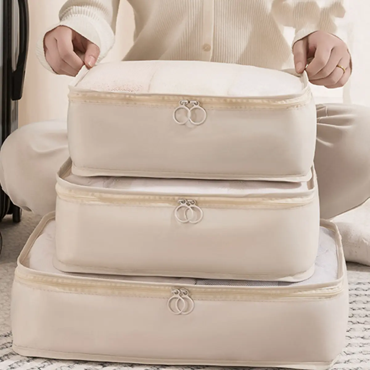 3PCS Compressible Packing Cubes Foldable Waterproof Travel Storage Bag Suitcase Nylon Portable With Handbag Luggage Organizer