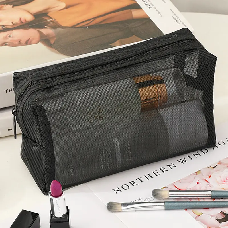 1/5pcs Nylon Mesh Zipper Cosmetic Bag Portable Travel Organizer Small Large Black Transparent Toiletry Pouch Makeup Storage Bags