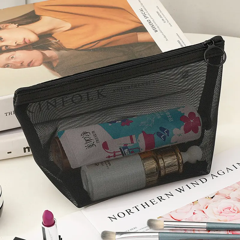1/5pcs Nylon Mesh Zipper Cosmetic Bag Portable Travel Organizer Small Large Black Transparent Toiletry Pouch Makeup Storage Bags
