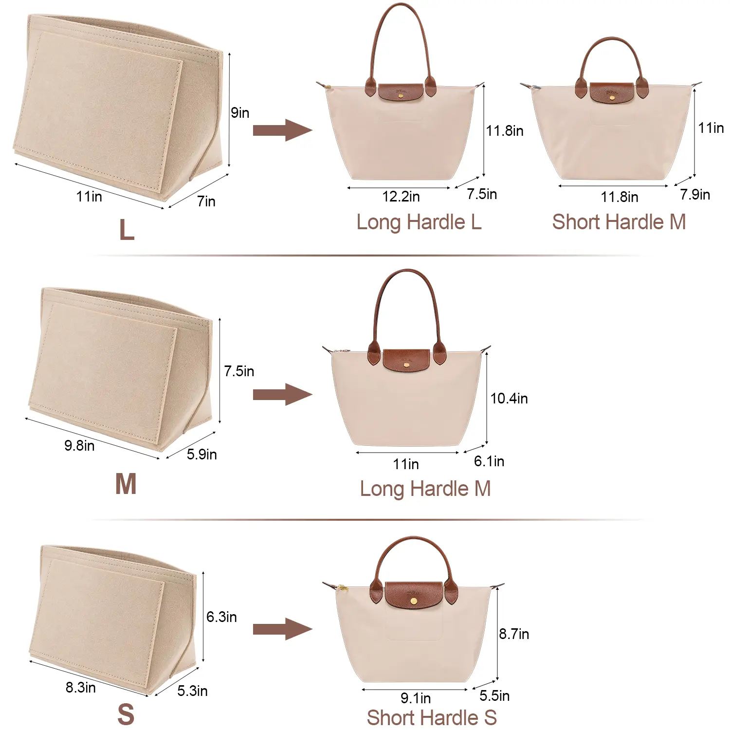 Felt Insert Bag Fits For Longchamp Handbag Liner Bag Felt Cloth Makeup Bag Support Travel Portable Insert Purse Organizer