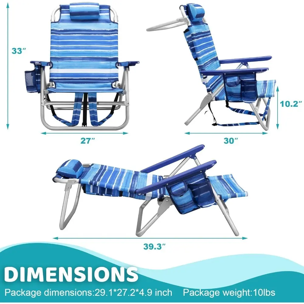 Backpack Beach Chairs for Adults,Pack Folding Heavy Duty Camping Chair with Large Pockets and Cup Holder,Adjustable high Beach