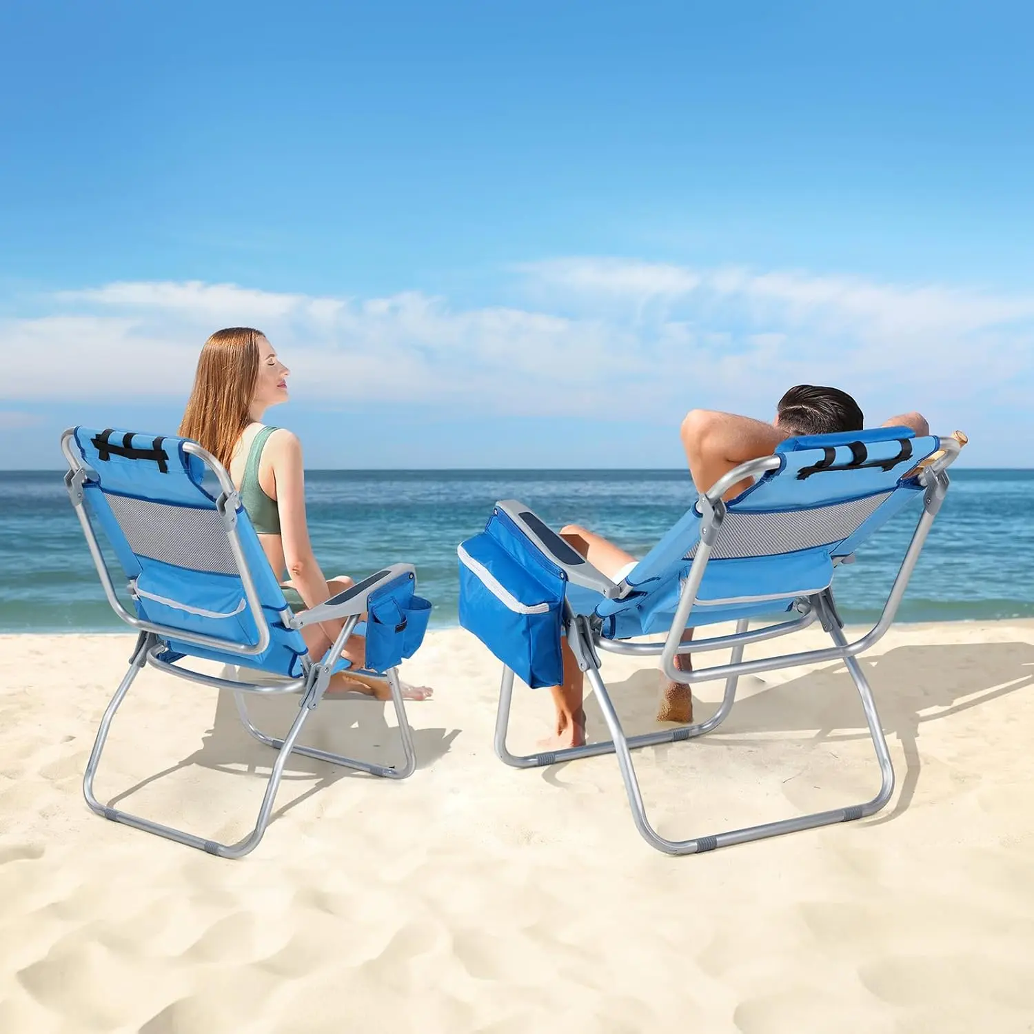 Tall Beach Chair 2 Pack, with 5-Position, Cooler Bag, Cup Holders, Towel Bar, Lightweight Folding Beach Camping Chairs for