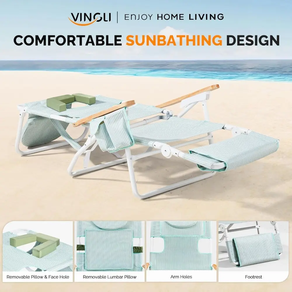Deluxe 3 in1 Beach Chair, Tanning Chair with Face Hole, Reclining Lounge with Foot Rest, Cup Holder and Storage Bag，Beach Loung