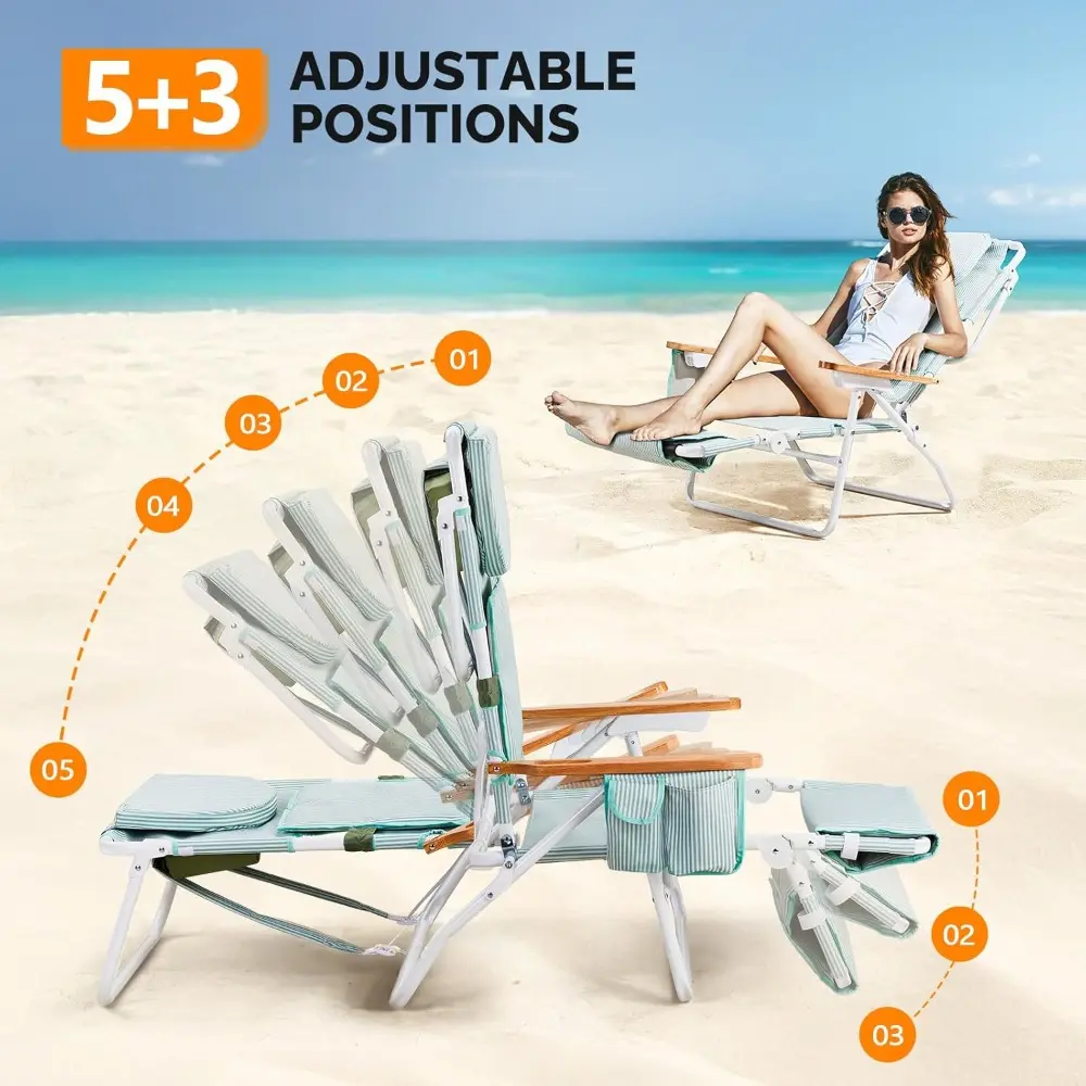 Deluxe 3 in1 Beach Chair, Tanning Chair with Face Hole, Reclining Lounge with Foot Rest, Cup Holder and Storage Bag，Beach Loung