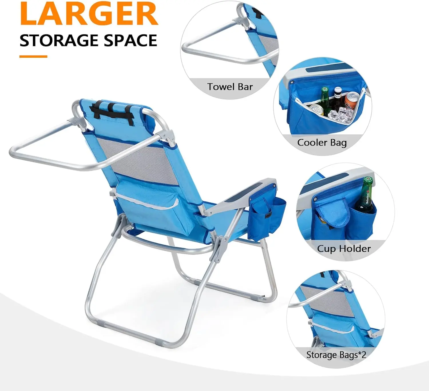 Tall Beach Chair 2 Pack, with 5-Position, Cooler Bag, Cup Holders, Towel Bar, Lightweight Folding Beach Camping Chairs for