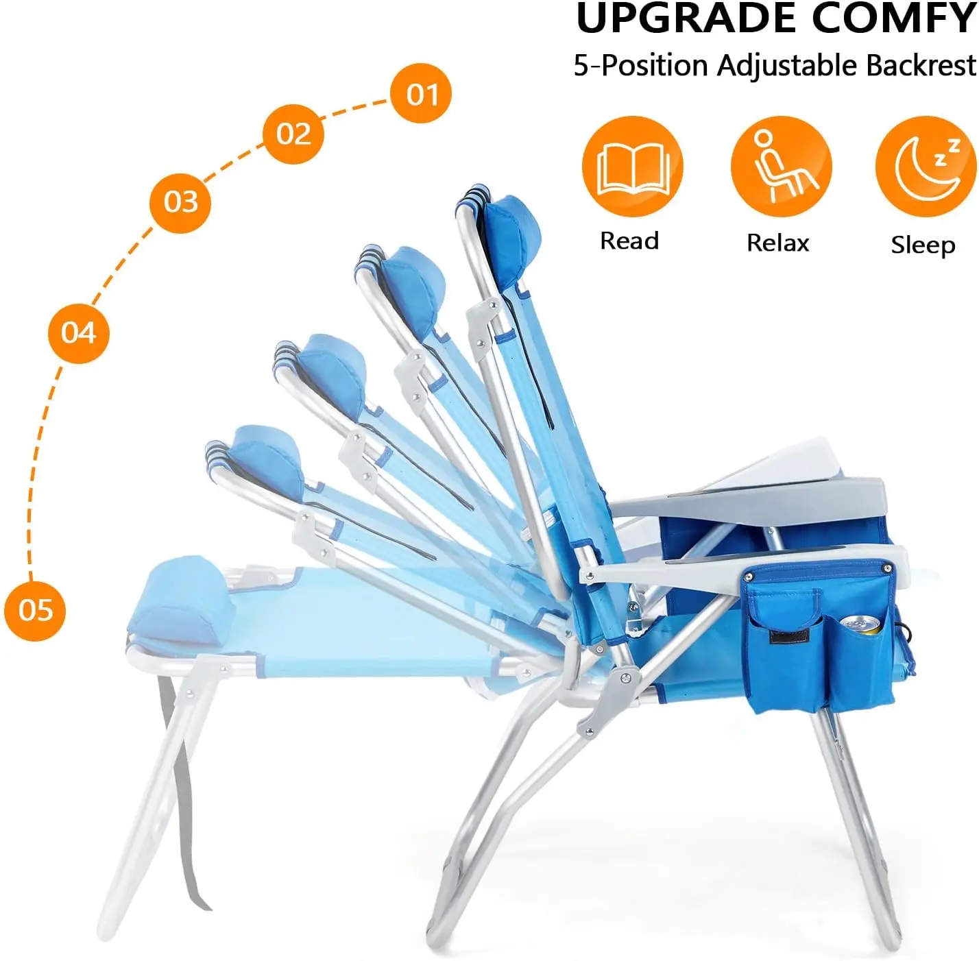 Tall Beach Chair 2 Pack, with 5-Position, Cooler Bag, Cup Holders, Towel Bar, Lightweight Folding Beach Camping Chairs for