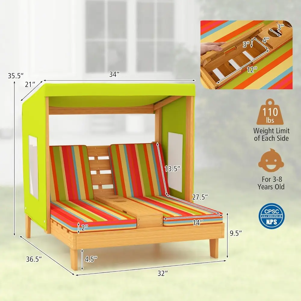 Kids Chaise Lounge Chair Outdoor, Toddler Wood Double Pool Lounger Chairs w/Canopy, Cup Holders, Removable Stripped Fabric Cush