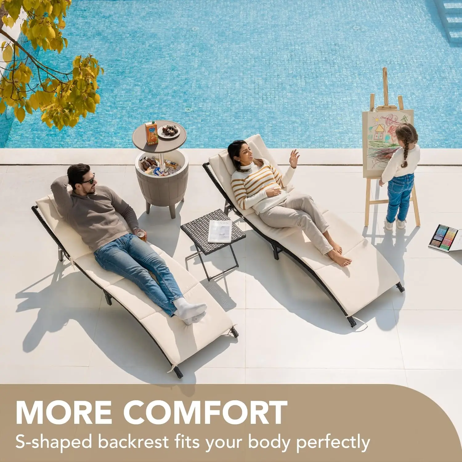 Patio Chaise Lounge Sets Outdoor Rattan Adjustable Back 3 Pieces Cushioned Patio Folding Chaise Lounge with Folding Table