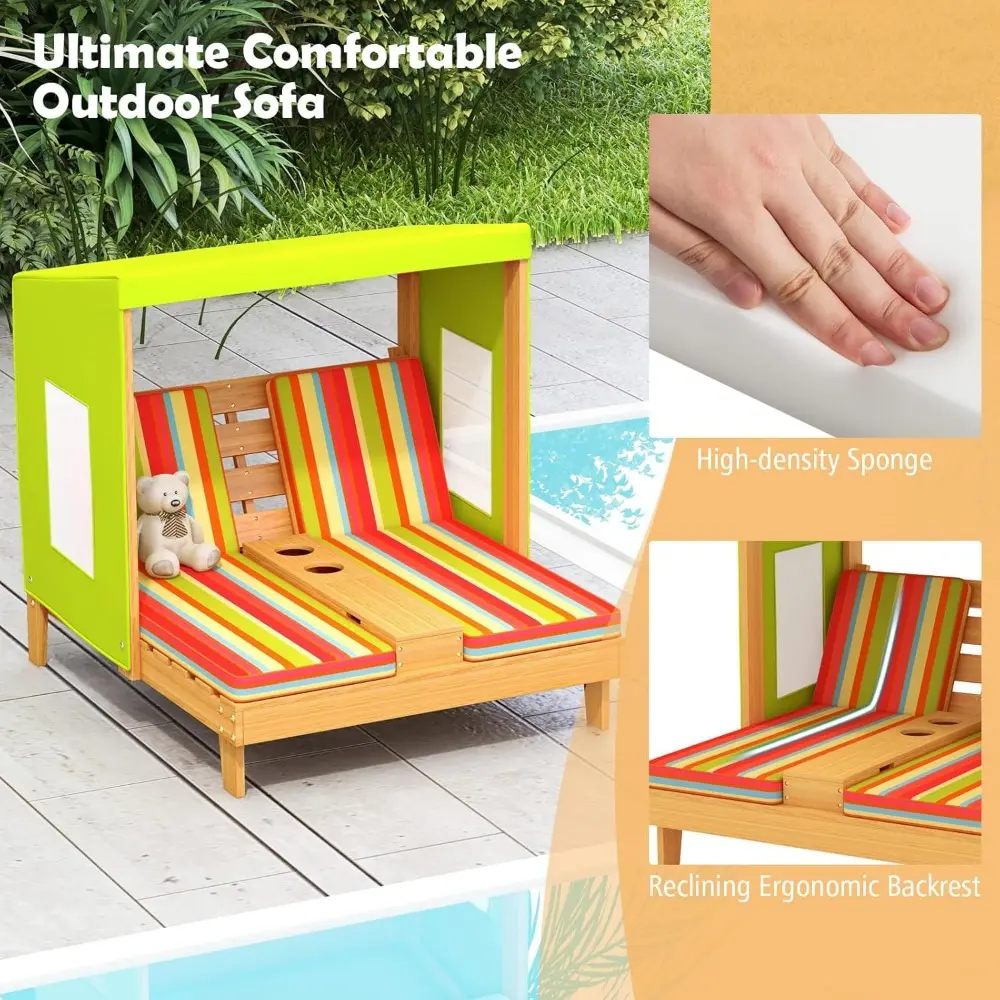 Kids Chaise Lounge Chair Outdoor, Toddler Wood Double Pool Lounger Chairs w/Canopy, Cup Holders, Removable Stripped Fabric Cush