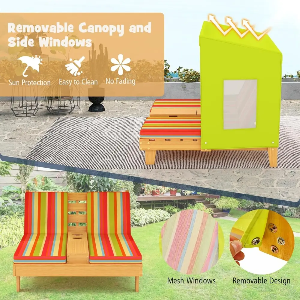 Kids Chaise Lounge Chair Outdoor, Toddler Wood Double Pool Lounger Chairs w/Canopy, Cup Holders, Removable Stripped Fabric Cush