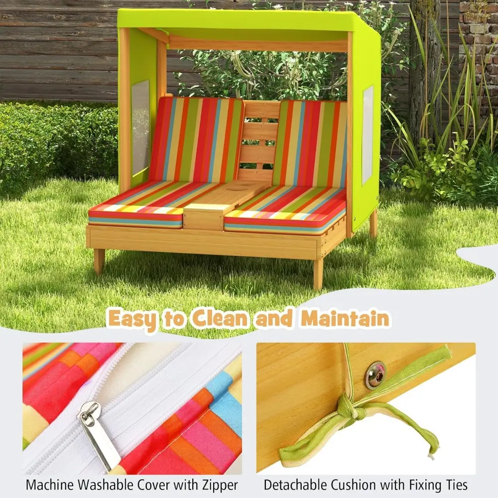 Kids Chaise Lounge Chair Outdoor, Toddler Wood Double Pool Lounger Chairs w/Canopy, Cup Holders, Removable Stripped Fabric Cush