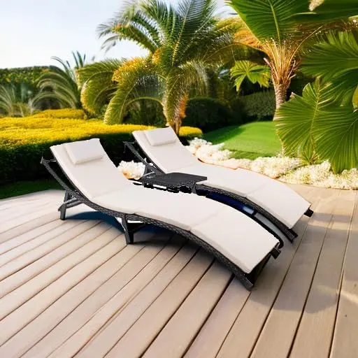 Patio Chaise Lounge Sets Outdoor Rattan Adjustable Back 3 Pieces Cushioned Patio Folding Chaise Lounge with Folding Table
