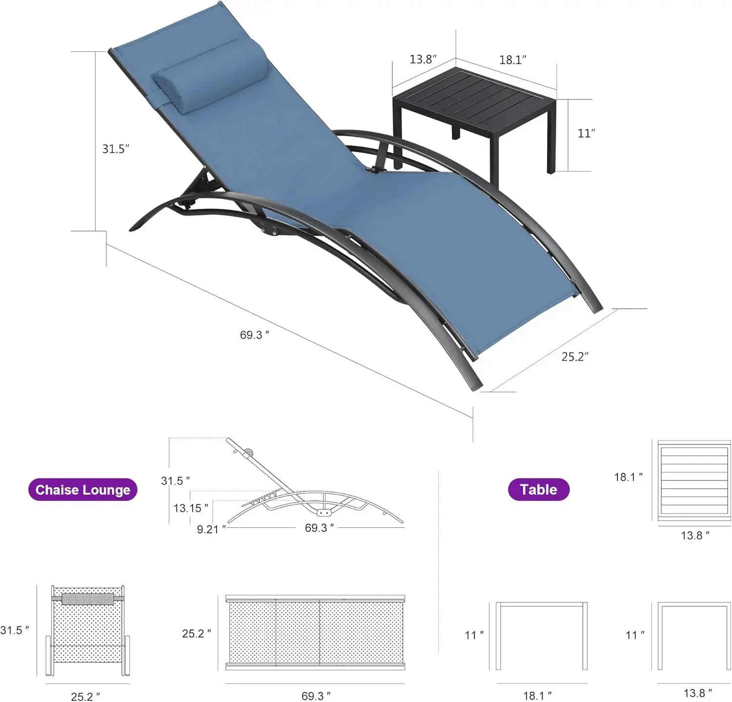 Patio Chaise Lounge Set of 3 Outdoor Lounge Chair Beach Pool Sunbathing Lawn Lounger Recliner Outside Tanning Chairs with Arm