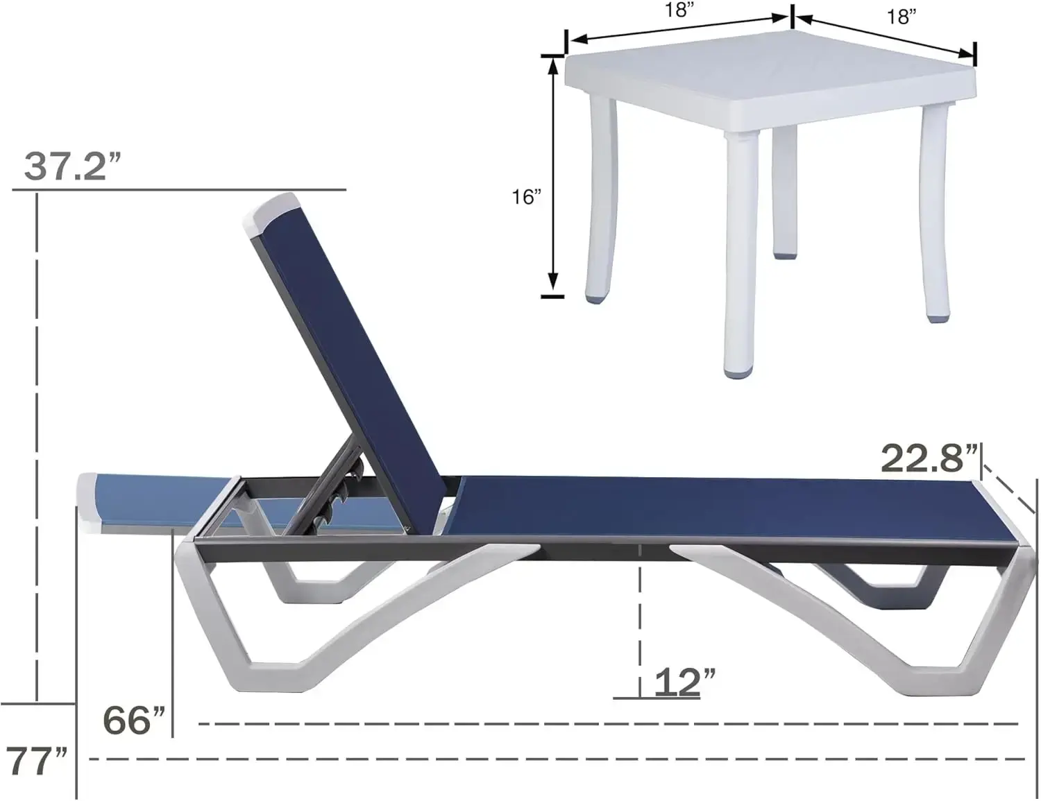 Patio Chaise Lounge Chair - Full Flat Alumium & Resin Legs, Outdoor Reclining Adjustable Chair for Sunbathing, Beach, Patio