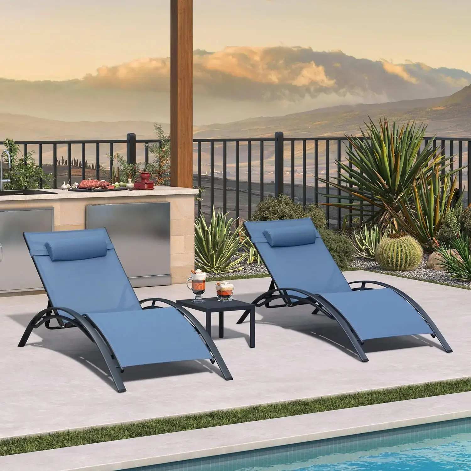 Patio Chaise Lounge Set of 3 Outdoor Lounge Chair Beach Pool Sunbathing Lawn Lounger Recliner Outside Tanning Chairs with Arm