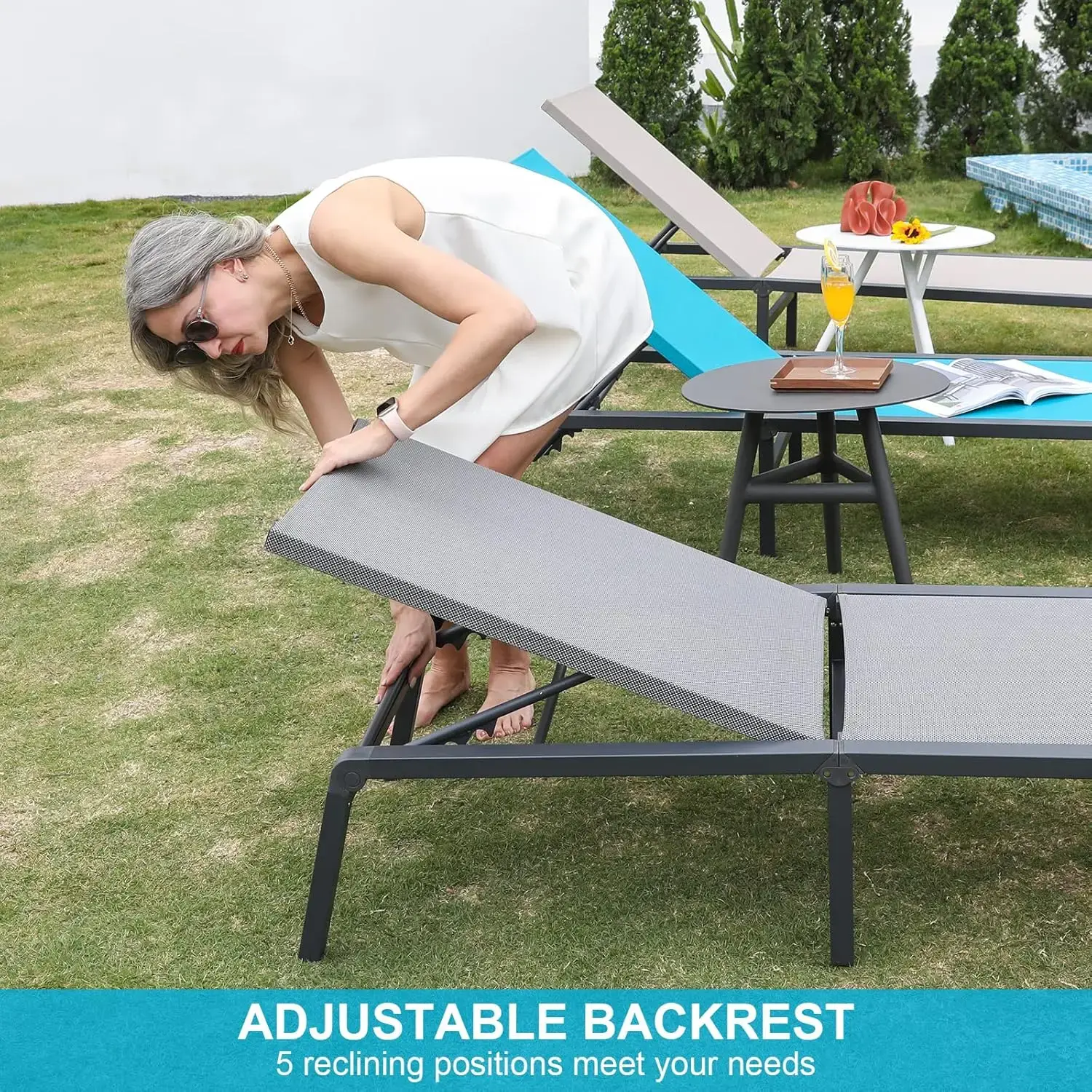 Chaise Lounge Outdoor, Aluminum Outdoor Chaise Lounge Set of 2 Assemble-Free, Patio Lounger Poolside Lay Flat Sunbathing