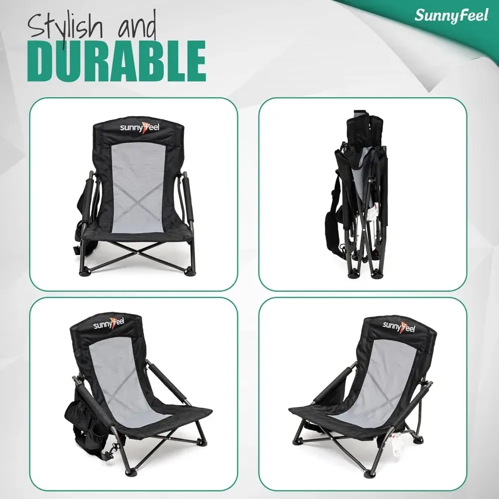 Folding Low Camping Beach Chair 2 Pack, Lightweight Portable Lawn Chair with Mesh Back, Cup Holder for Outdoor/Travel/Picnic