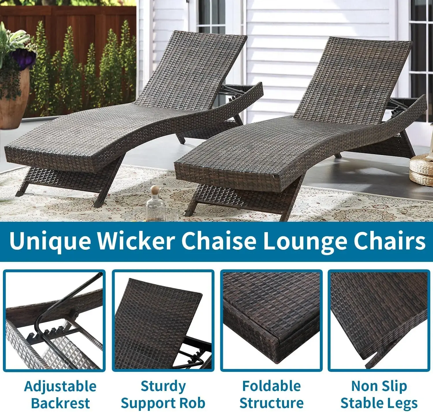 79'' Long Reclining Chaise Lounge Set (Set of 2), Outdoor Wicker Reclining Lounge Chair Patio Rattan Double Chaise Lounge Lawn